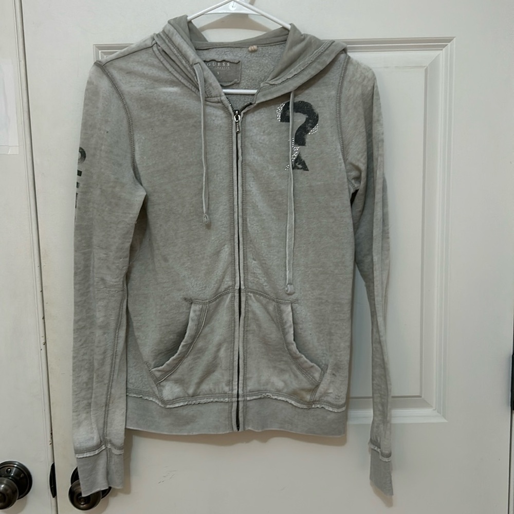 Guess Zip-Up Hoodie Sweatshirt size small light gray sparkle question mark
